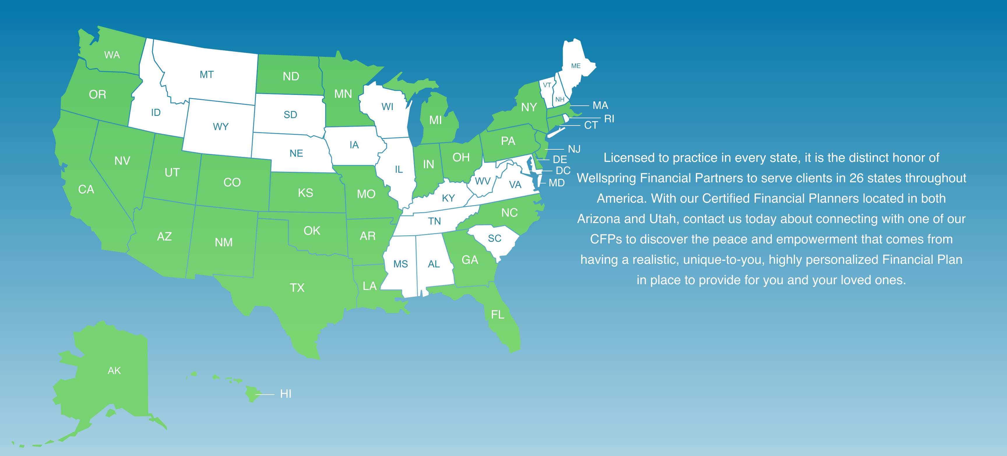 map showing 26 states where wellspring financial serves the clients
