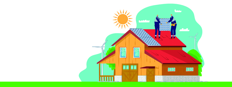 cartoon of two men installing solar panels